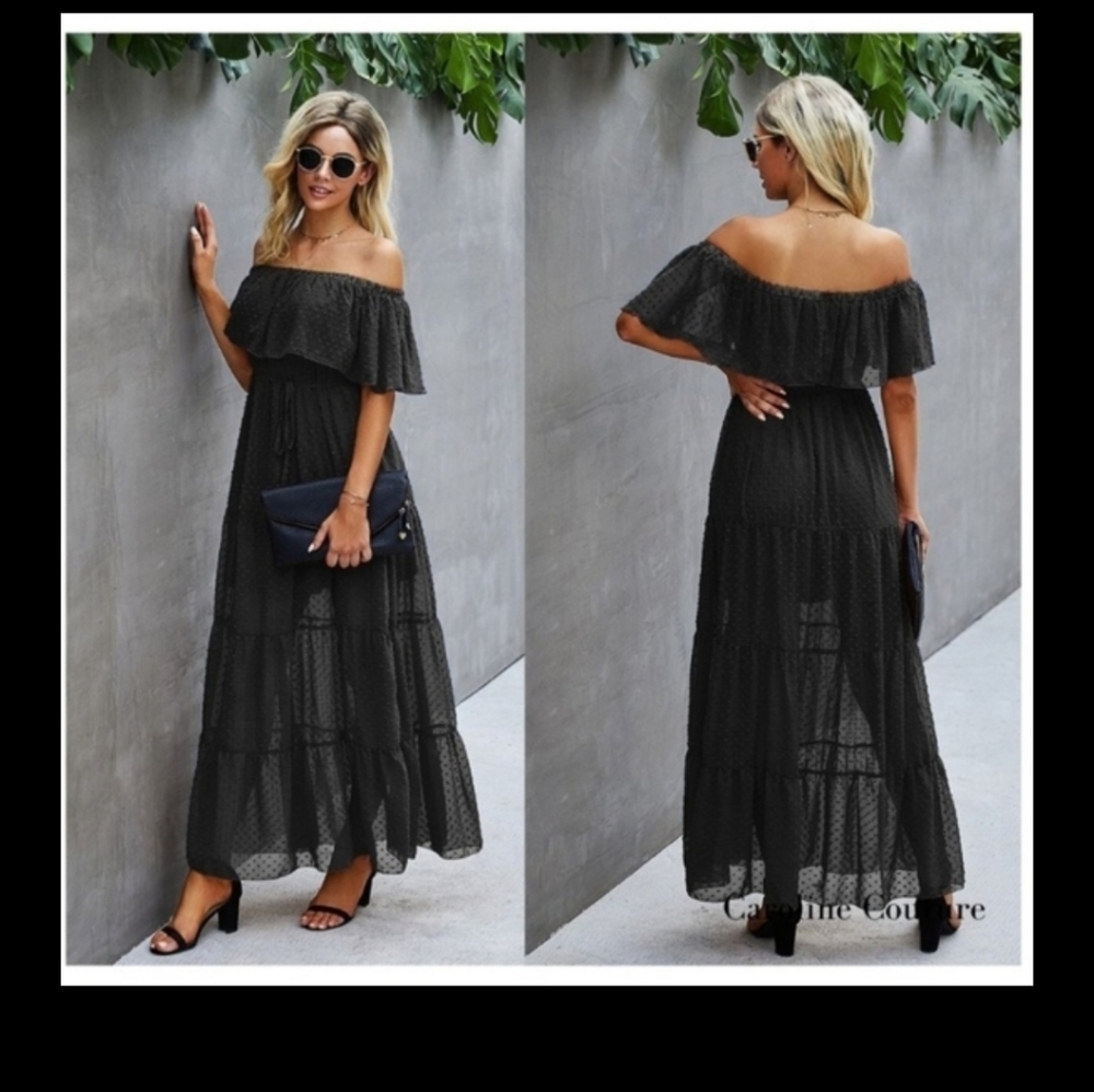 Black Summer Off-Shoulder Maxi Dress Sheer - Picture 6 of 9